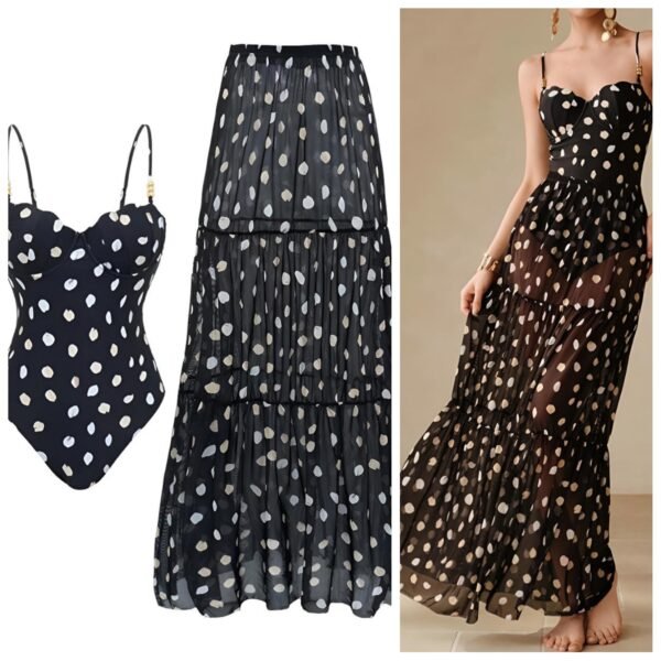 Polka Dot One Piece Swimsuit With Skirt Coverup