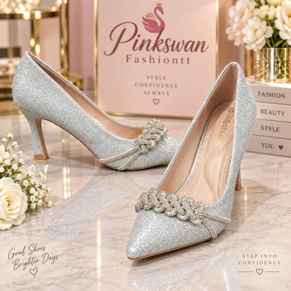 Pointed-Toe Low Heel Crystal Embellishment Shoe