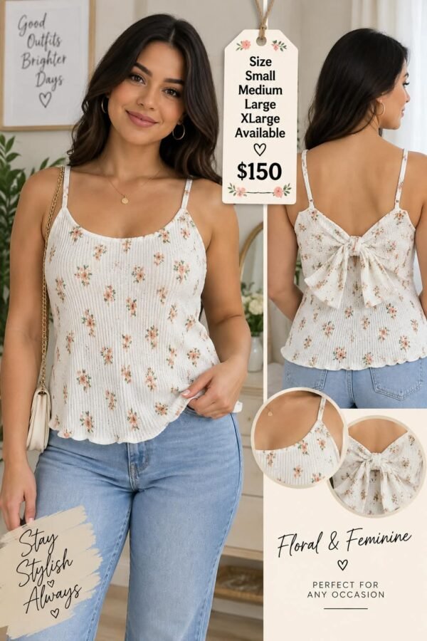 White Floral Cami Blouse With Bow Detail In The Back